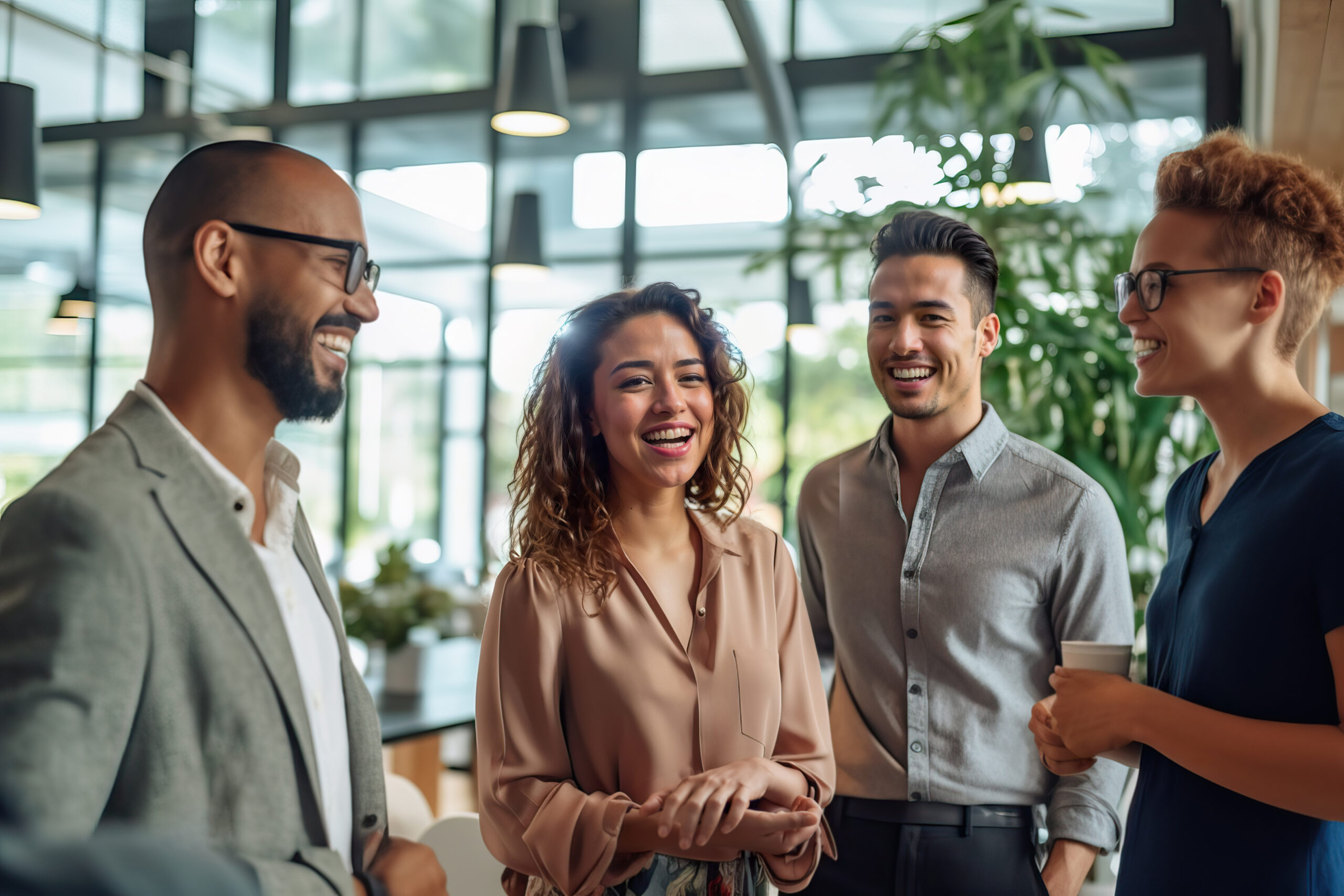 A group of people standing around talking to each other A group of people standing around talking to each other